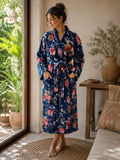 Luxury Velvet House Robe Unisex Kimono Autumn Winter Gift Rich Blue Exotic Forest