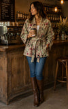 Luscious Luxurious Hip Length Shawl Collar Kimono Printed Velvet Jacket