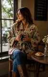 Luscious Luxurious Hip Length Shawl Collar Kimono Printed Velvet Jacket