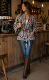 Luscious Luxurious Hip Length Shawl Collar Kimono Printed Velvet Jacket