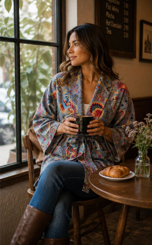 Luscious Luxurious Hip Length Shawl Collar Kimono Printed Velvet Jacket