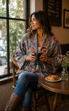 Luscious Luxurious Hip Length Shawl Collar Kimono Printed Velvet Jacket