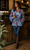 Luscious Luxurious Hip Length Shawl Collar Kimono Printed Velvet Jacket