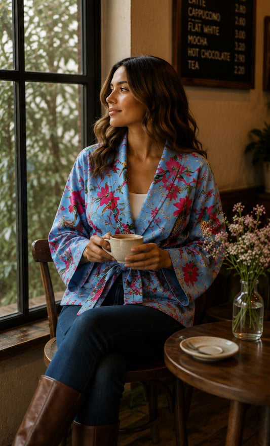 Luscious Luxurious Hip Length Shawl Collar Kimono Printed Velvet Jacket