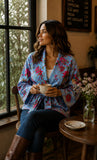 Luscious Luxurious Hip Length Shawl Collar Kimono Printed Velvet Jacket