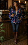 Luscious Luxurious Hip Length Shawl Collar Kimono Printed Velvet Jacket