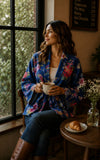 Luscious Luxurious Hip Length Shawl Collar Kimono Printed Velvet Jacket