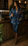 Luscious Luxurious Hip Length Shawl Collar Kimono Printed Velvet Jacket
