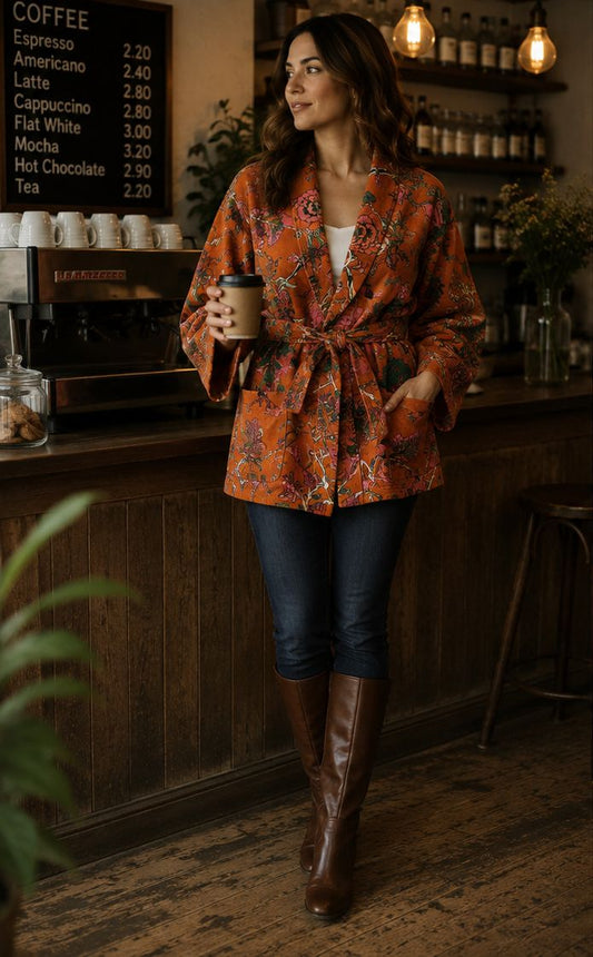 Luscious Luxurious Hip Length Shawl Collar Kimono Printed Velvet Jacket