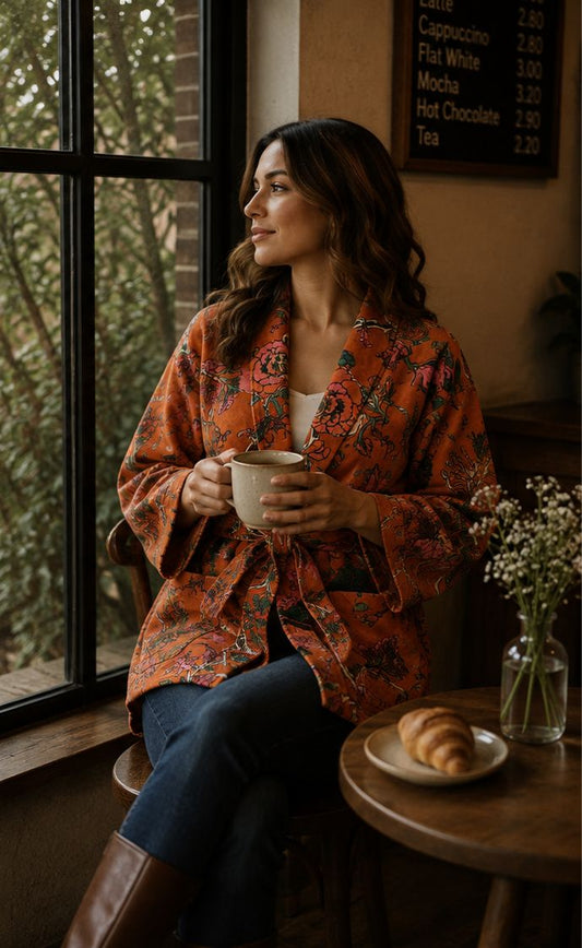 Luscious Luxurious Hip Length Shawl Collar Kimono Printed Velvet Jacket