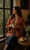Luscious Luxurious Hip Length Shawl Collar Kimono Printed Velvet Jacket