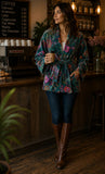 Luscious Luxurious Hip Length Shawl Collar Kimono Printed Velvet Jacket