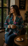 Luscious Luxurious Hip Length Shawl Collar Kimono Printed Velvet Jacket