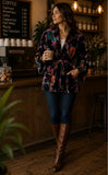 Luscious Luxurious Hip Length Shawl Collar Kimono Printed Velvet Jacket