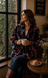 Luscious Luxurious Hip Length Shawl Collar Kimono Printed Velvet Jacket
