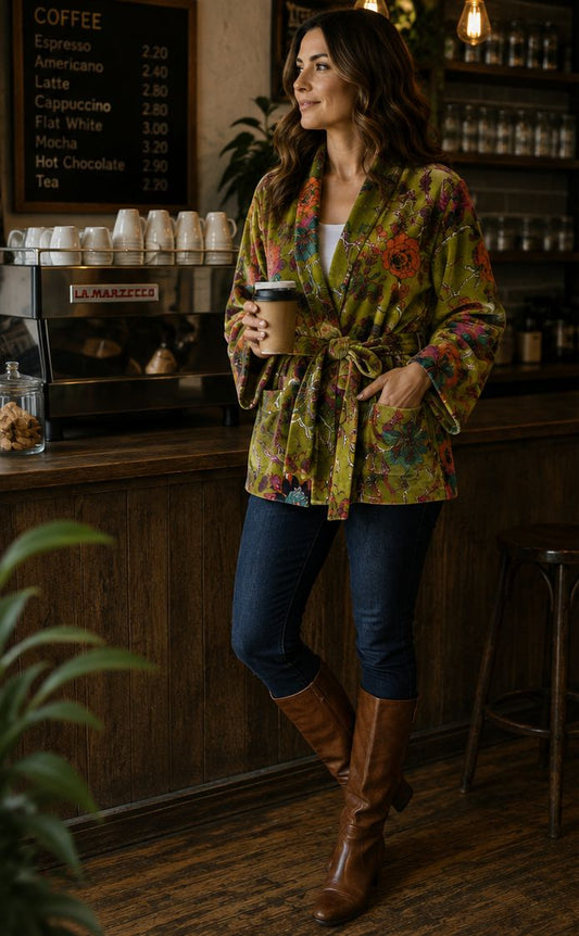 Luscious Luxurious Hip Length Shawl Collar Kimono Printed Velvet Jacket