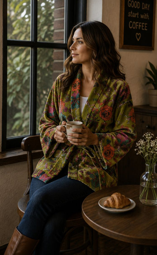 Luscious Luxurious Hip Length Shawl Collar Kimono Printed Velvet Jacket