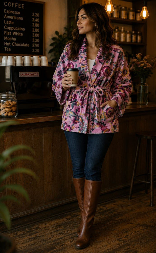 Luscious Luxurious Hip Length Shawl Collar Kimono Printed Velvet Jacket