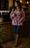Luscious Luxurious Hip Length Shawl Collar Kimono Printed Velvet Jacket