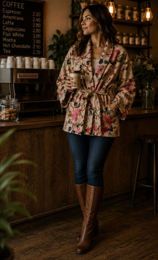 Luscious Luxurious Hip Length Shawl Collar Kimono Printed Velvet Jacket