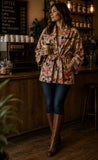Luscious Luxurious Hip Length Shawl Collar Kimono Printed Velvet Jacket