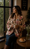 Luscious Luxurious Hip Length Shawl Collar Kimono Printed Velvet Jacket