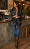 Luscious Luxurious Hip Length Shawl Collar Kimono Printed Velvet Jacket