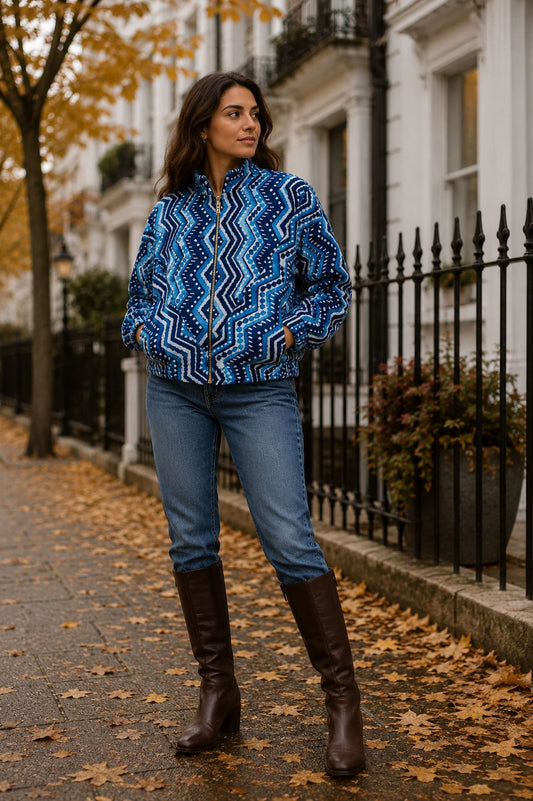 Velvet Boho Bomber Quirky Jacket Navy blue zig zag