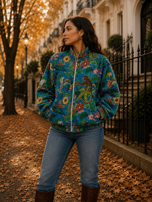 Velvet Boho Bomber Quirky Jacket Aqua Ocean Blue Hue Monkey Jungle