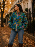 Velvet Boho Bomber Quirky Jacket Aqua Ocean Blue Hue Monkey Jungle