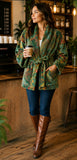 Luscious Luxurious Hip Length Shawl Collar Kimono Printed Velvet Jacket