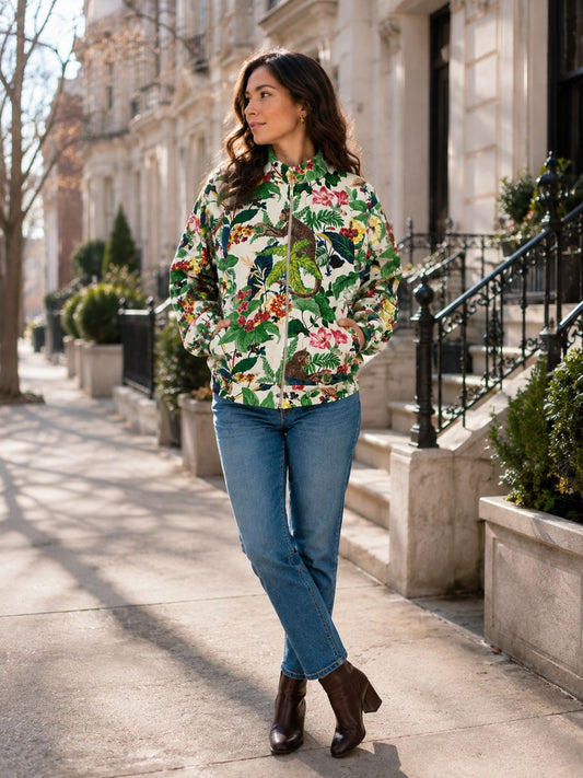 Velvet Boho Bomber Quirky Jacket White Green Hue Monkey Jungle Tropical