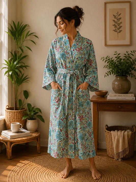 Pure Cotton Block printed Sky Blue Turquoise Waters shade butterfly
