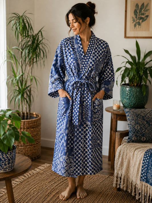 Pure Cotton Block printed Indigo White Blue Patchwork
