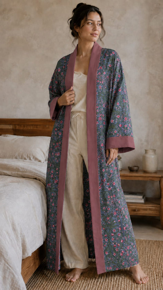 Pure Cotton Handprinted House Robe Dusky Rose Slate Blue