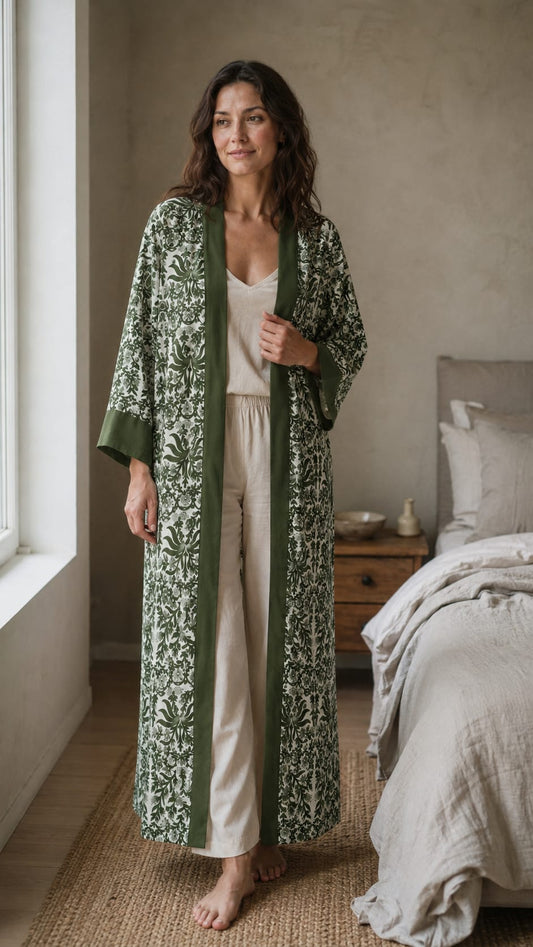 Pure Cotton Handprinted House Robe Olive Green Floral