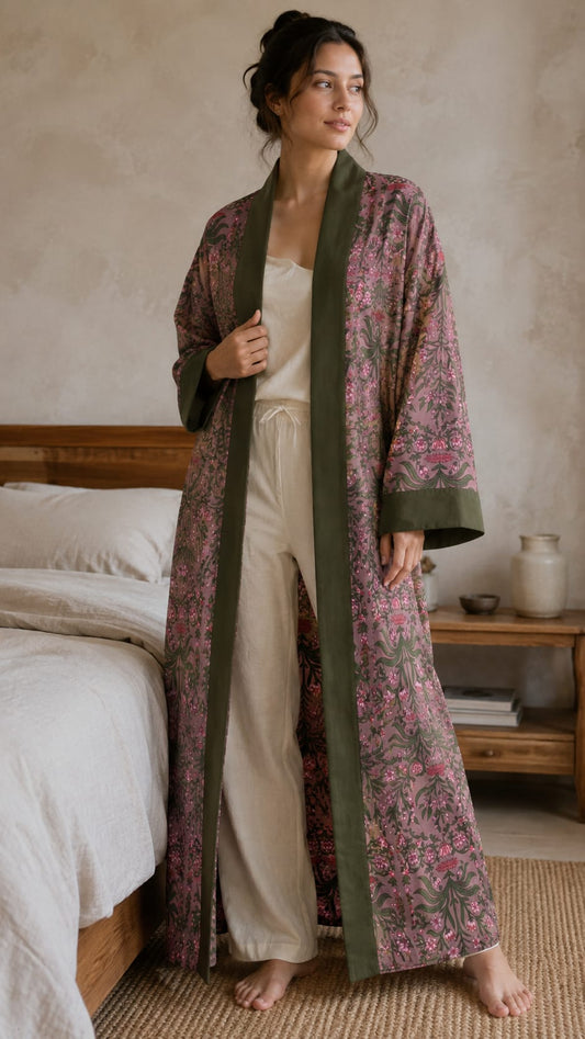 Pure Cotton Handprinted House Robe Mauve Sage Green Strip