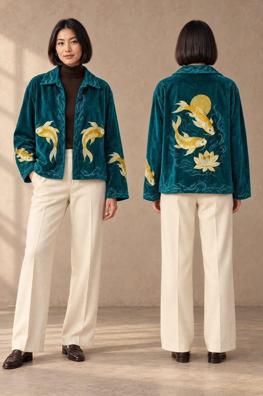 Velvet Bolero Open Jacket Teal with Threaded Embroidery