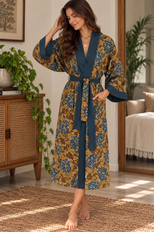 Pure Cotton Handprinted House Kimono| Mustard Yellow Indigo