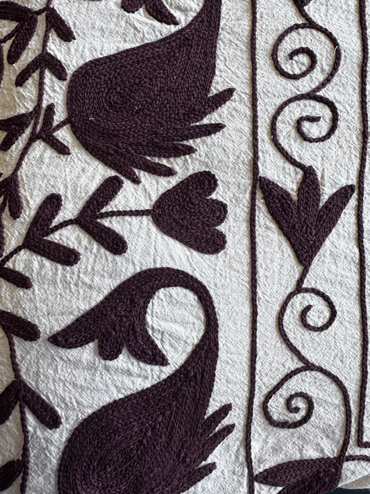 Exclusive Handmade Suzani Embroidery Bed Sofa Living Throw Light Ivory Dark Plum Floral