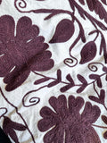 Exclusive Handmade Suzani Embroidery Bed Sofa Living Throw Light Ivory Dark Plum Floral