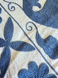 Exclusive Handmade Suzani Embroidery Bed Sofa Living Throw Off-White Indigo Floral