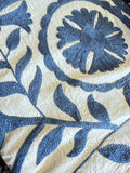 Exclusive Handmade Suzani Embroidery Bed Sofa Living Throw Off-White Indigo Floral