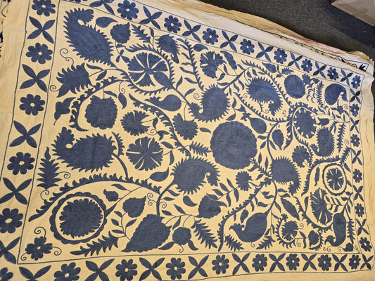 Exclusive Handmade Suzani Embroidery Bed Sofa Living Throw Off-White Indigo Floral