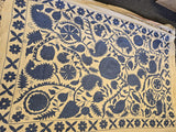 Exclusive Handmade Suzani Embroidery Bed Sofa Living Throw Off-White Indigo Floral