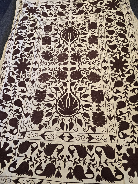 Exclusive Handmade Suzani Embroidery Bed Sofa Living Throw Light Ivory Dark Plum Floral