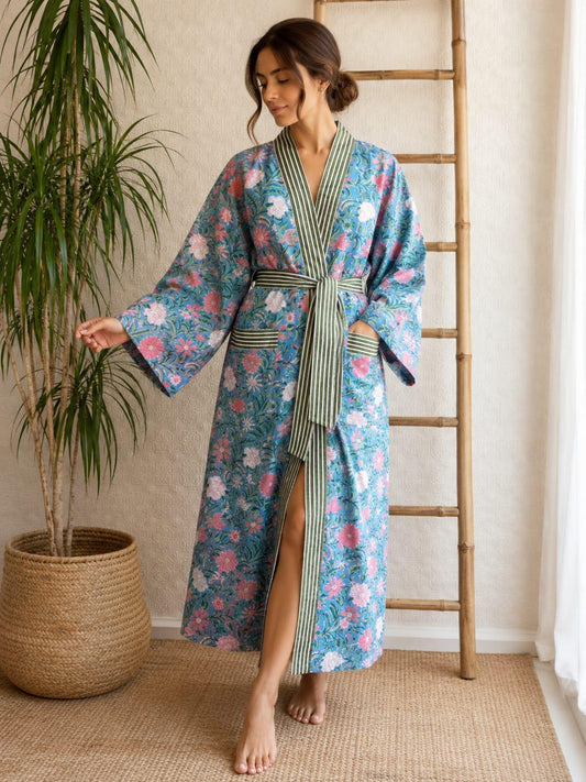 Pure Cotton Indian Block printed House Robe Summer Kimono | Floral Beach Coverup/Comfy Happy Blue Pink Green Gardenia Blossom Summer Dream