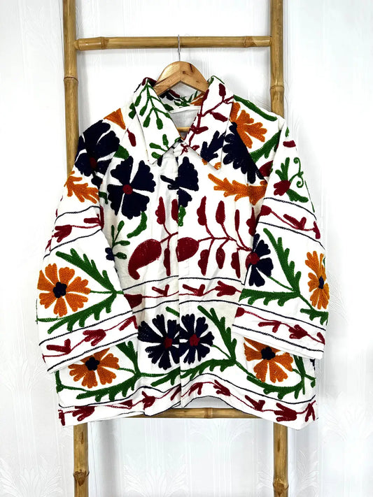 Suzani Hand Embroidered Short Collared Jacket | Spring Boho Coat Bolero | Artist Special Gift | Classic White Red blue Quirky Festival Hues