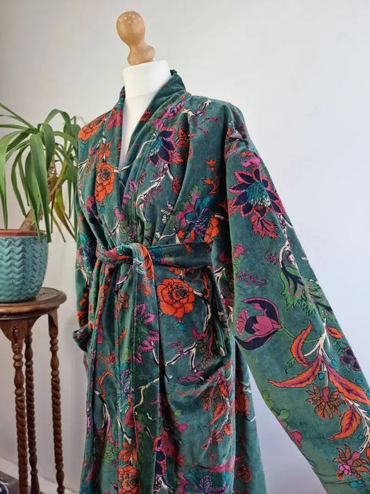 Luxury Velvet House Robe Unisex Kimono Rich Chic Emerald Green Rust Orange