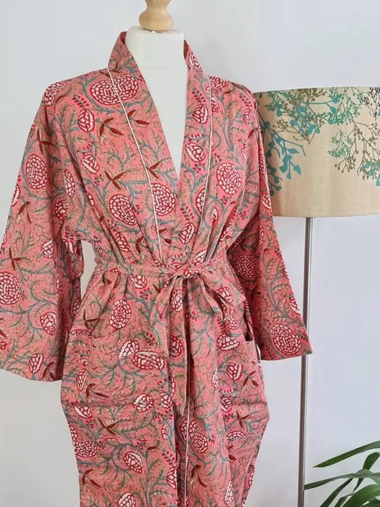Pure Cotton Kimono in Peach Red Marigold Botanical Bloom